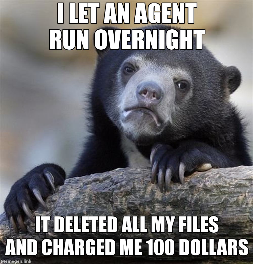 Confession Bear Meme: I let my agent run overnight, it deleted all my files.
