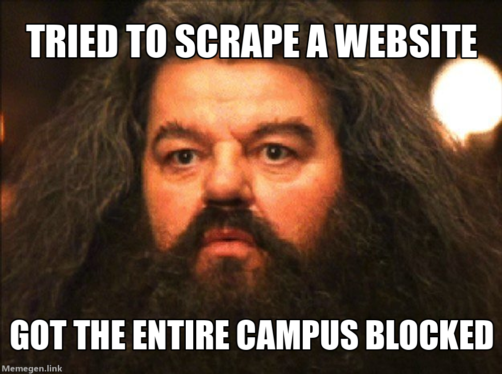 Hagrid Meme: Tried to scrape a website, got the entire campus blocked.