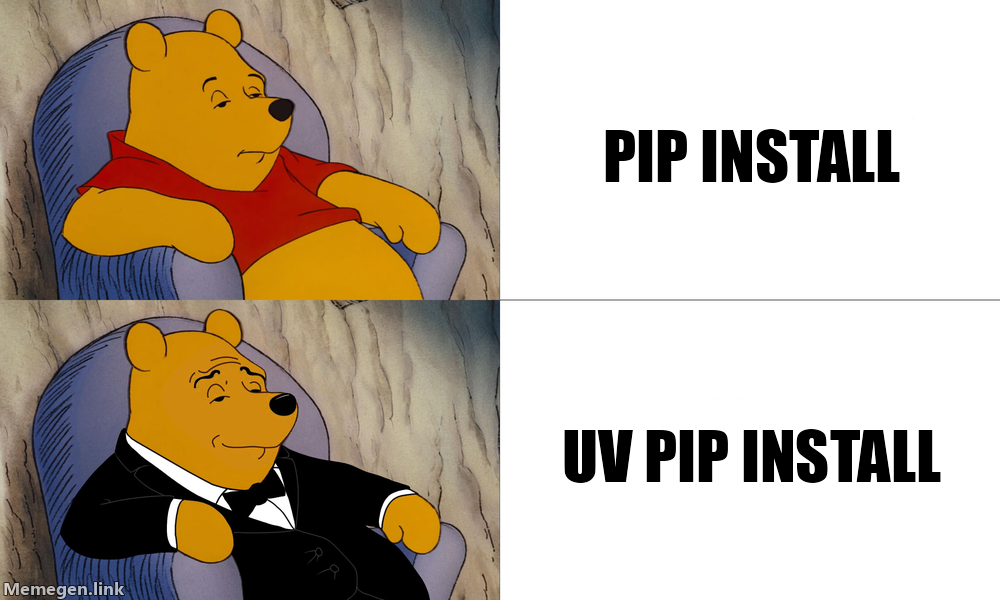 Pooh Meme: pip install, uv pip install.