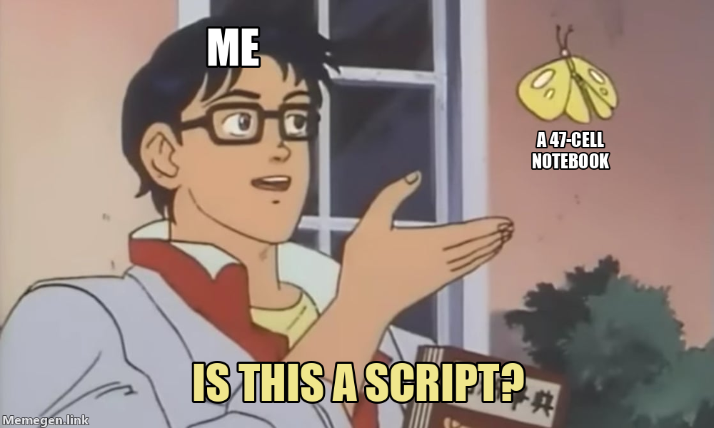 Pigeon Meme: Me, A 47-Cell Notebook, Is This A Script?