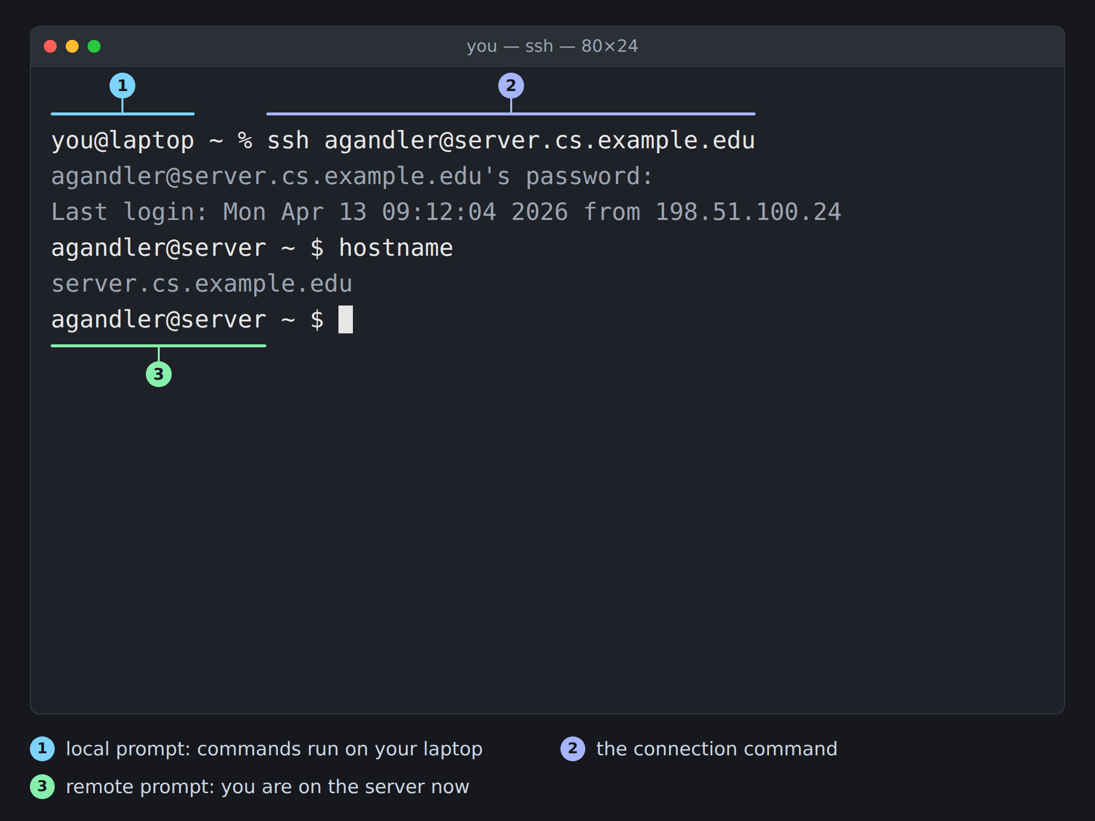 Illustration of a terminal window during an SSH login. The first line shows the local prompt 'you@laptop ~ %' running 'ssh agandler@server.cs.example.edu', followed by a password prompt and a last-login message. The following prompt reads 'agandler@server ~ $', and running 'hostname' there prints 'server.cs.example.edu'. Numbered callouts mark the local prompt, the connection command, and the remote prompt.
