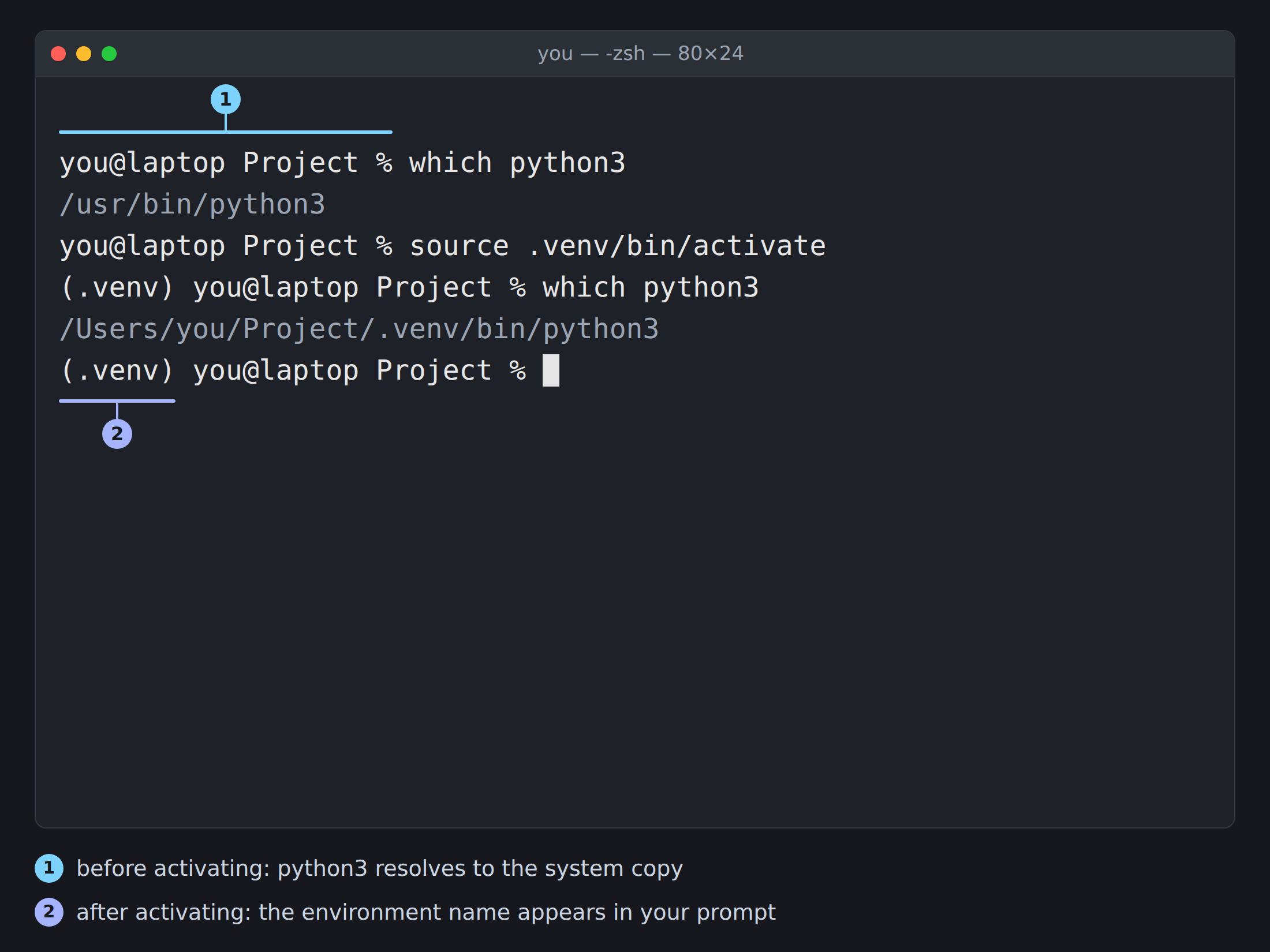 Illustration of a terminal window. Before activation, the prompt reads 'you@laptop Project %' and 'which python3' prints '/usr/bin/python3'. After running 'source .venv/bin/activate', the prompt reads '(.venv) you@laptop Project %' and 'which python3' prints '/Users/you/Project/.venv/bin/python3'. Numbered callouts mark the prompt before activation and the environment name added to it afterwards.