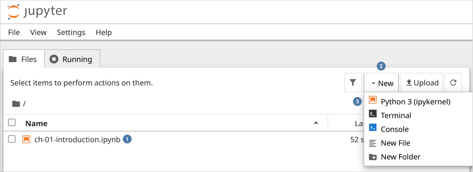 Screenshot of Jupyter's file list in a browser, with the Files and Running tabs, and a toolbar with New, Upload, and a refresh button. Marker 1: ch-01-introduction.ipynb, the one file in the folder. Marker 2: the New button, whose menu is open. Marker 3: its first item, Python 3 (ipykernel), above Terminal, Console, New File, and New Folder.