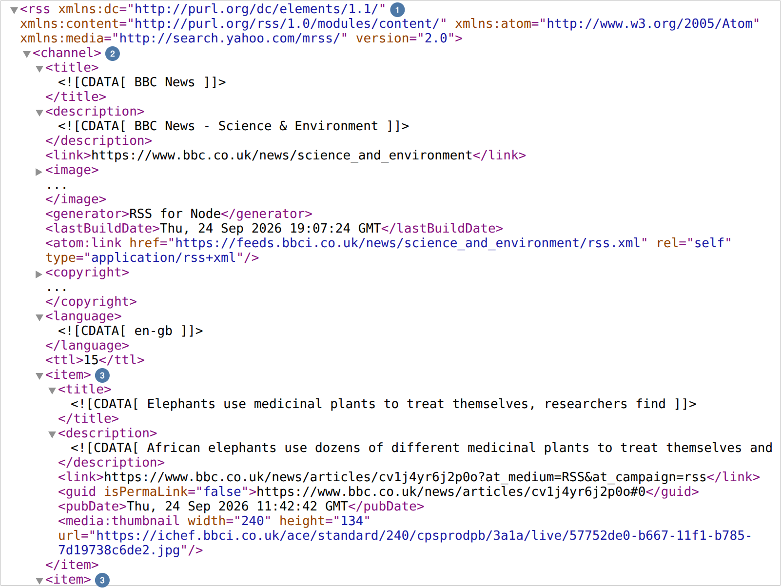 Screenshot of Chrome's tree view of the feed. Marker 1: the rss root tag and its namespaces. Marker 2: channel, with title BBC News, description BBC News - Science & Environment, a link, and folded image and copyright. Marker 3: the first item, titled Elephants use medicinal plants to treat themselves, researchers find, with description, link, guid, pubDate of 24 September 2026, and thumbnail. Marker 3 again: the second item.